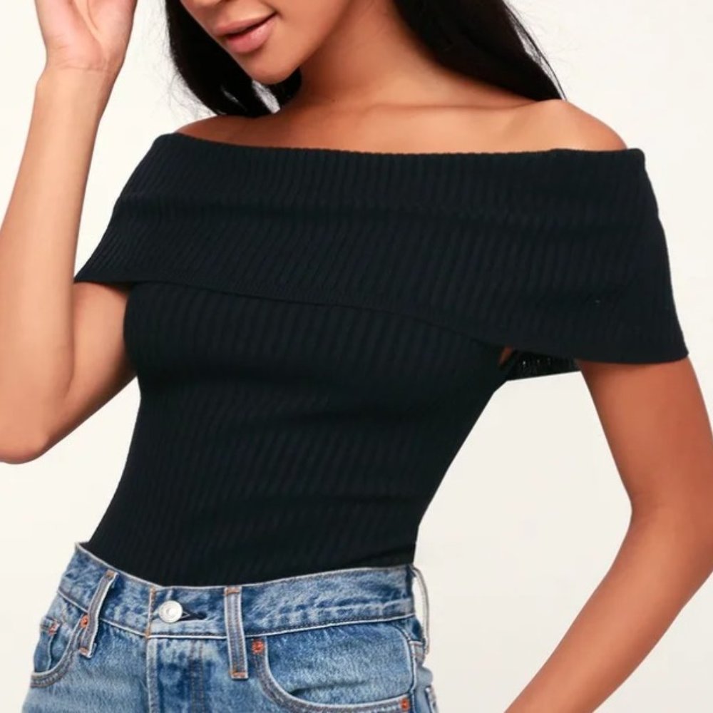 Free People Navy Ribbed Off-The-Shoulder Bodysuit